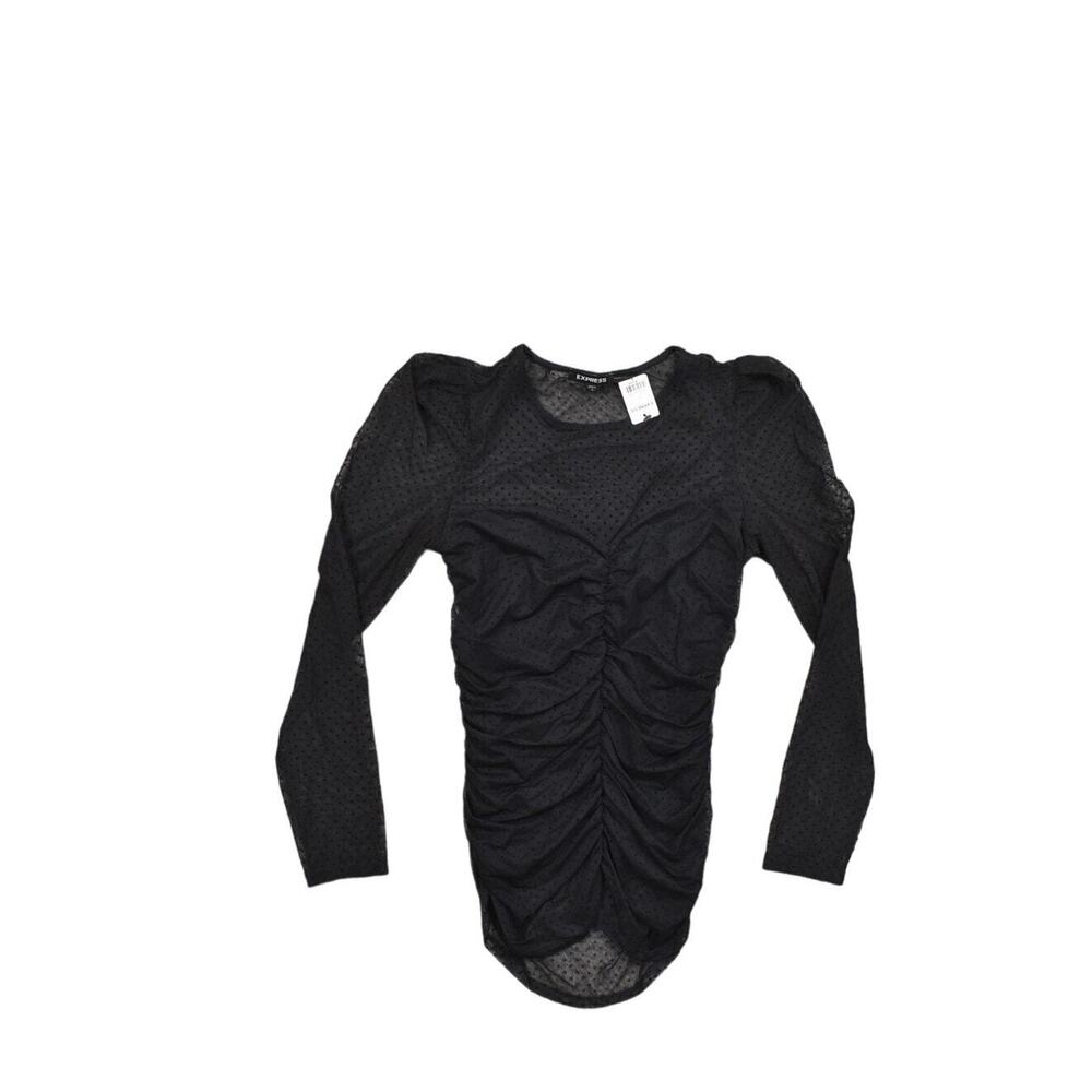 NEW Express Black Blouse S - Polyester Lined Laced Cinched Long Sleeve Polka